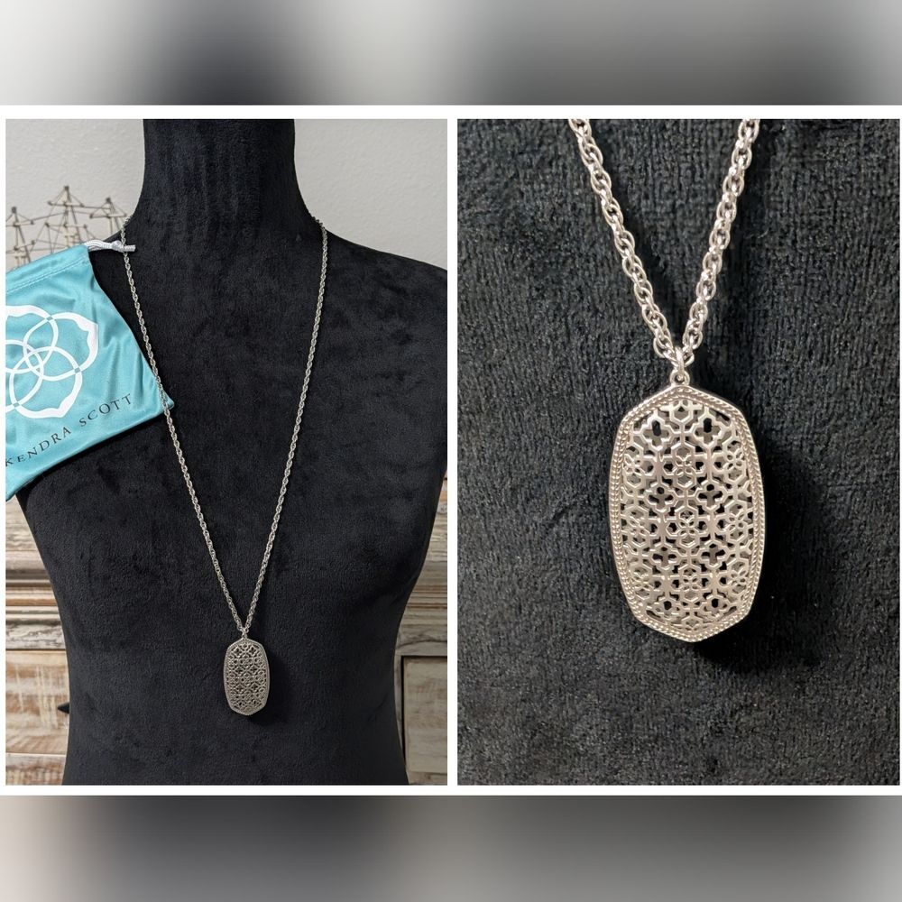 Kendra Scott Rayne Silver Filigree Pendant Necklace 30"-34" w/ Dust Bag